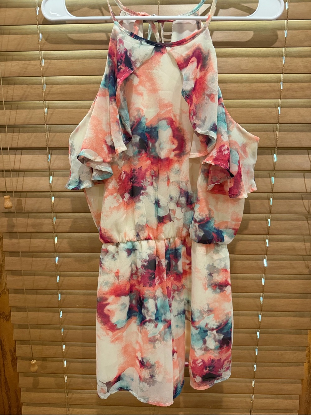 Peach Love California Watercolor Cold-Shoulder Mini Dress - White, Pink, Blue